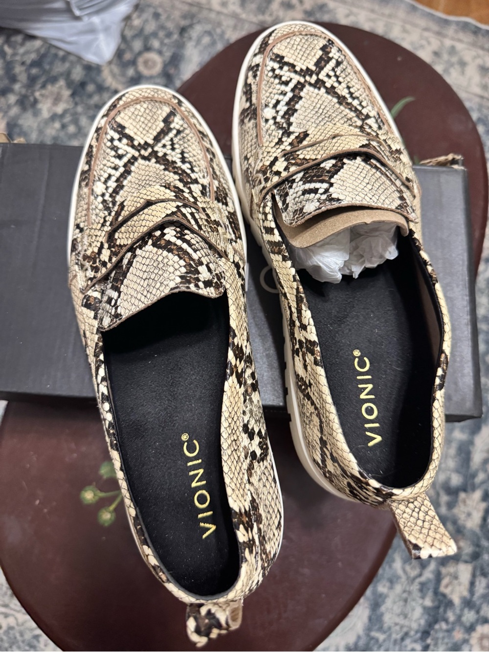 Vionic Women's Snake-Print Penny Loafers in Beige and Black